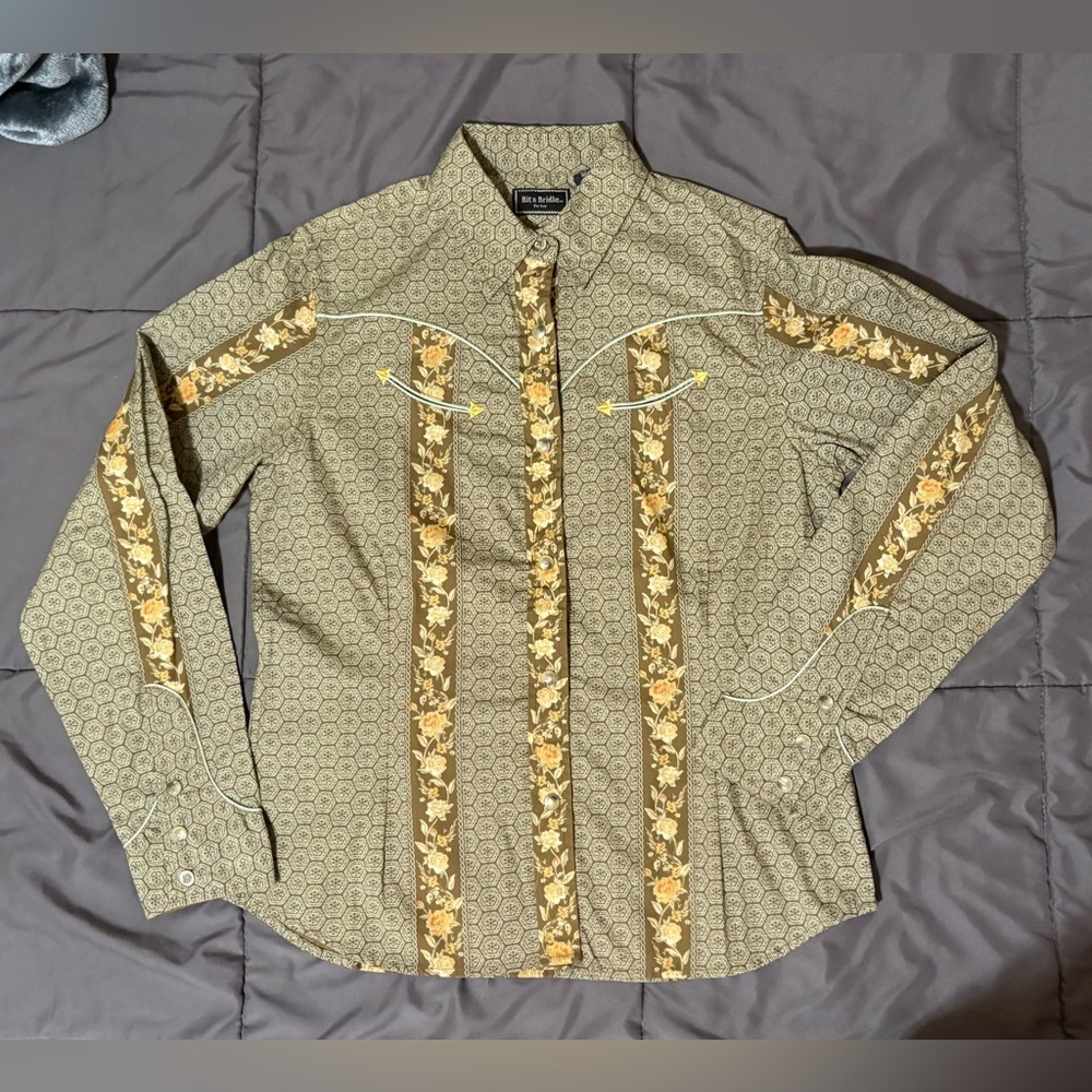 Ladies Bit & Brindle Tan Peach Floral Western Show Shirt Snap Buttons